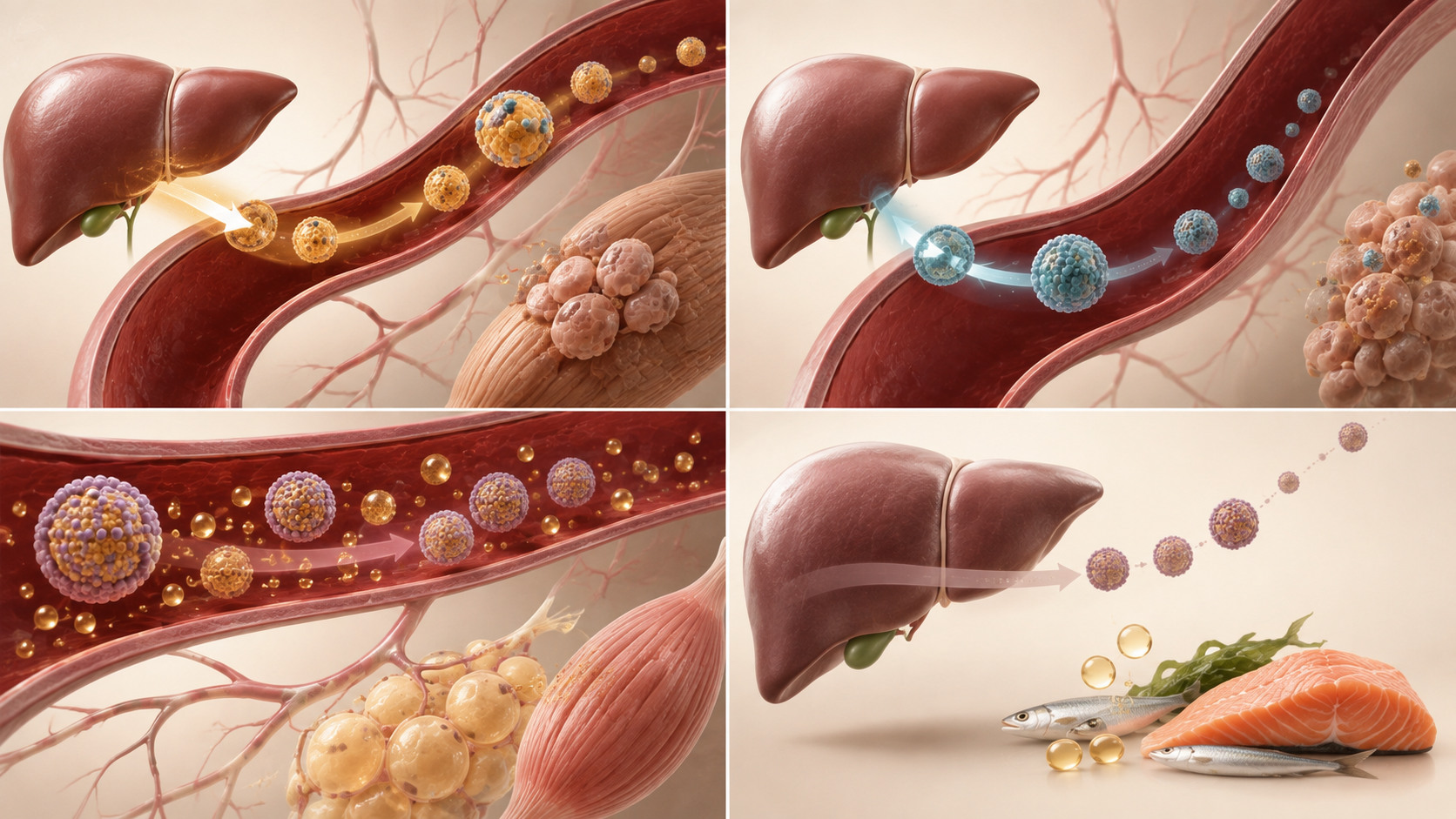 LDL、HDL、三酸甘油脂與 EPA DHA 代謝關係的健康教育插圖