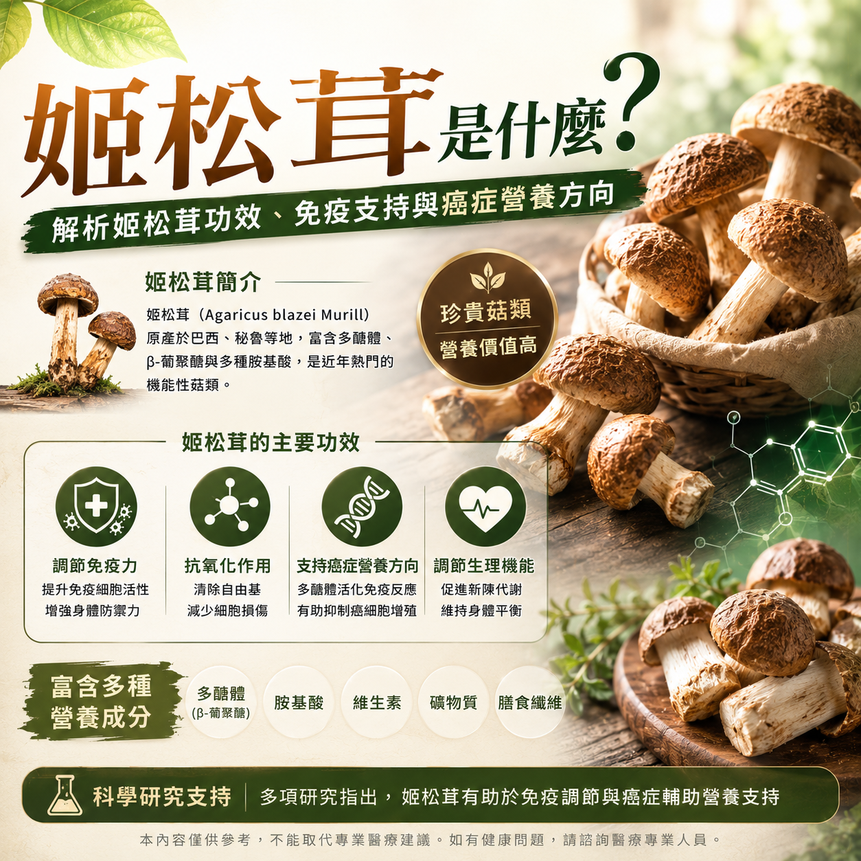 姬松茸是什麼？解析姬松茸功效、免疫支持與癌症營養方向-川御 TY Science