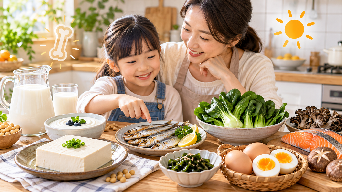 奶類、豆腐、連骨小魚、綠葉菜及雞蛋等鈣和維他命D食物來源