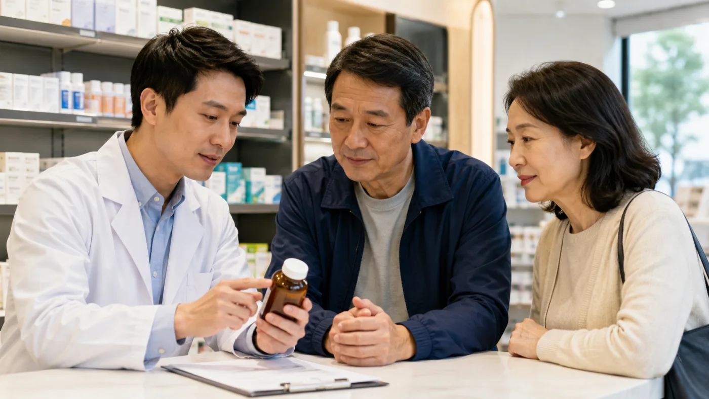 亞洲藥劑師向中年夫婦講解保健品與藥物配合注意事項