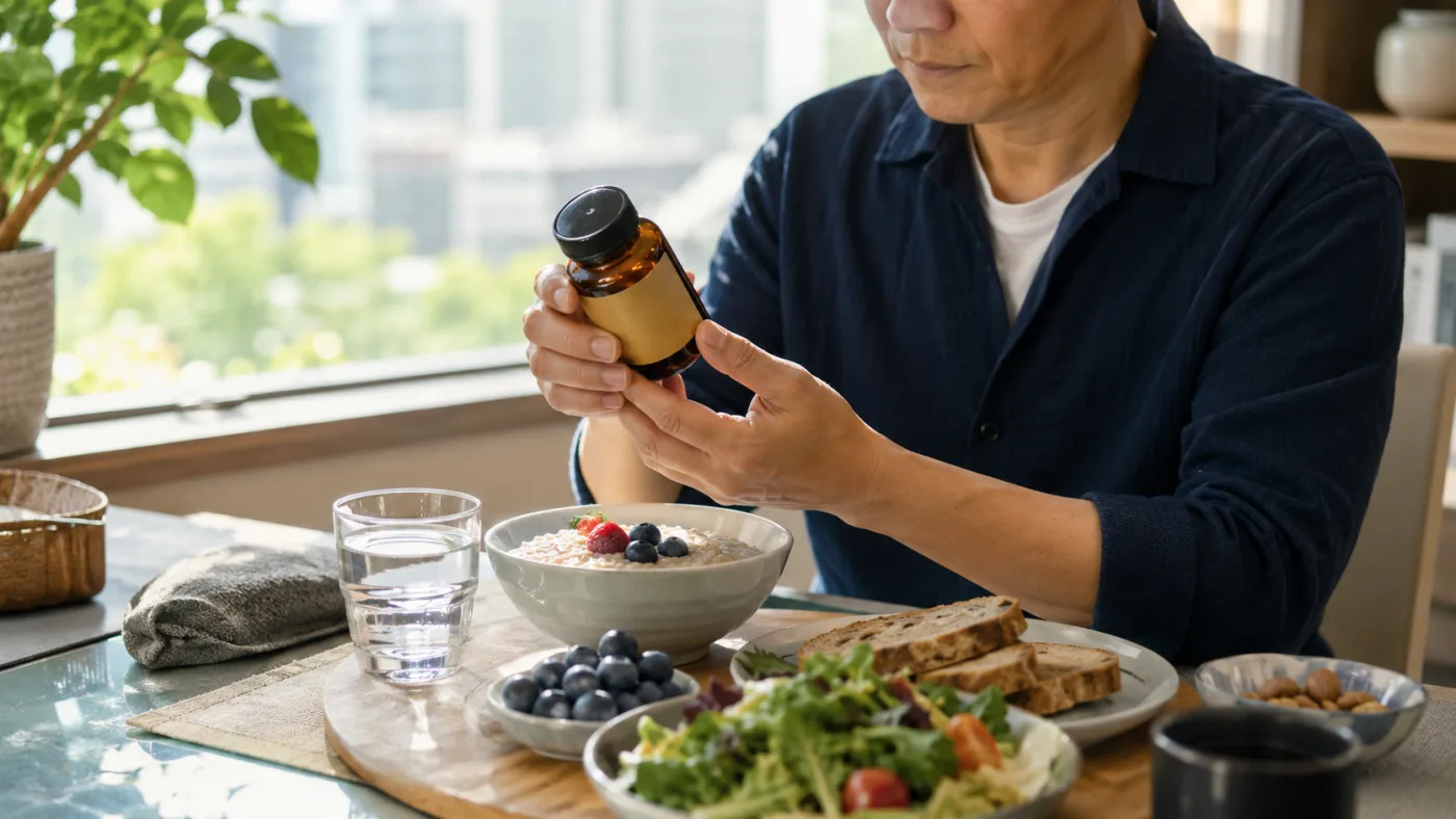 成人在有多樣食物的早餐桌旁查看補充品標籤