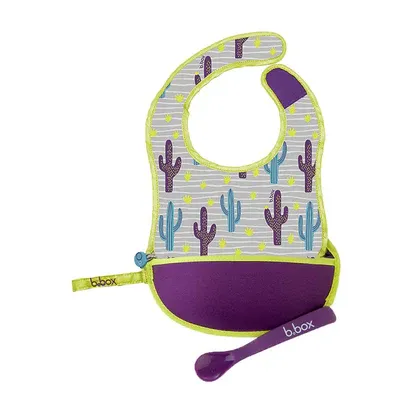 B.box-旅行圍兜袋 Travel Bib + Silicone Spoon - Cactus Capers (Purple)