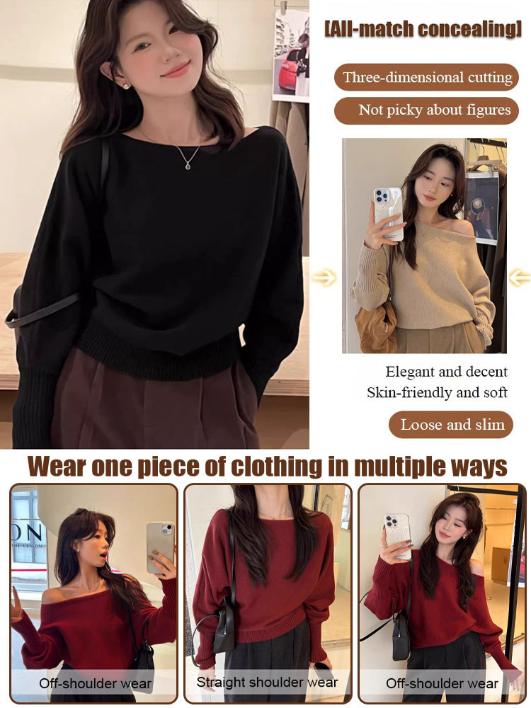 Korean pure desire style one shoulder soft lazy knitted sweater