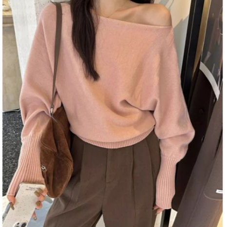 Korean pure desire style one shoulder soft lazy knitted sweater