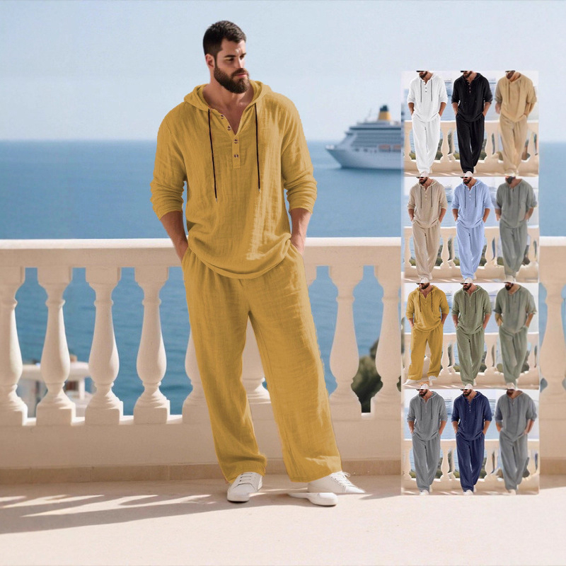 Men's hooded pants suit homewear suit men's casual longsleeved jumpsuit fall home suit