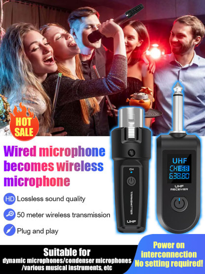 Wired to wireless microphone system transmitter and receiver