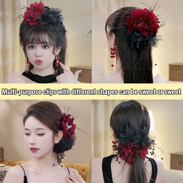 Elegant shiny silk butterfly rose tassel hair claw