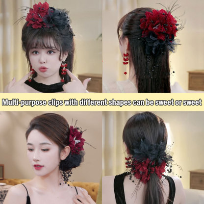 Elegant shiny silk butterfly rose tassel hair claw