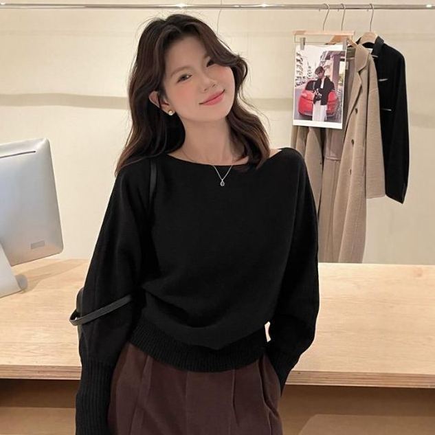 Korean pure desire style one shoulder soft lazy knitted sweater
