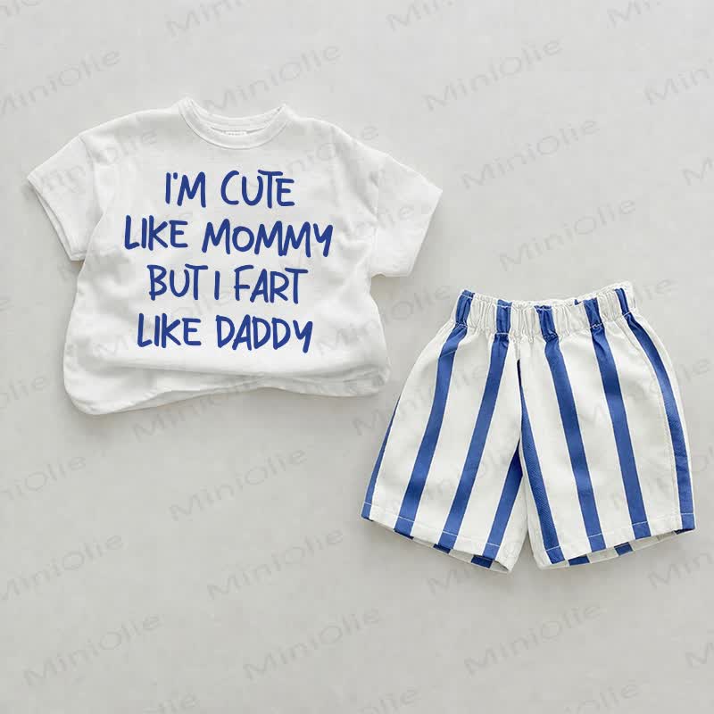 I'M CUTE LIKE MUMMY BUT I FART LIKE DADDY Baby Blue Vertical Striped 2-piece Shorts Set - White&Blue - 2-3T - image 1