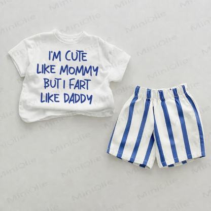 I'M CUTE LIKE MUMMY BUT I FART LIKE DADDY Baby Blue Vertical Striped 2-piece Shorts Set - White&Blue - 2-3T - image 1