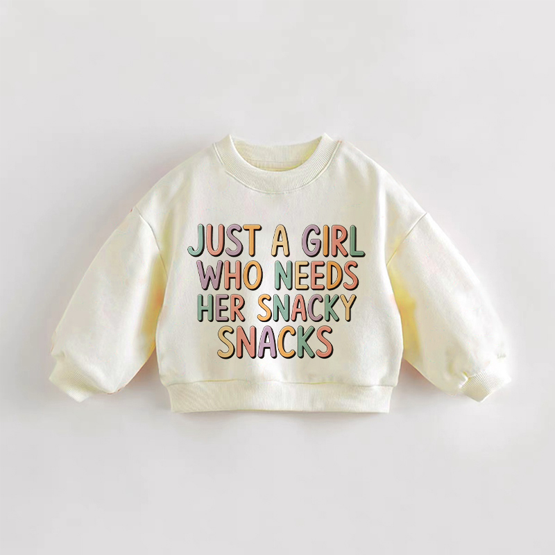 JUST A GIRL WHO NEEDS HER SNACKY SNACKS Baby Toddler Cream Sweatshirt - Cream - 3-5T - image 1