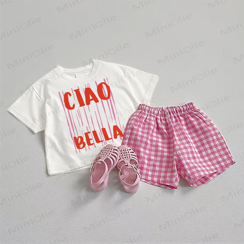 CIAO BELLA Baby Pink Tee and Plaid Shorts 2-Piece Set - White&Pink - 3-5T - image 1