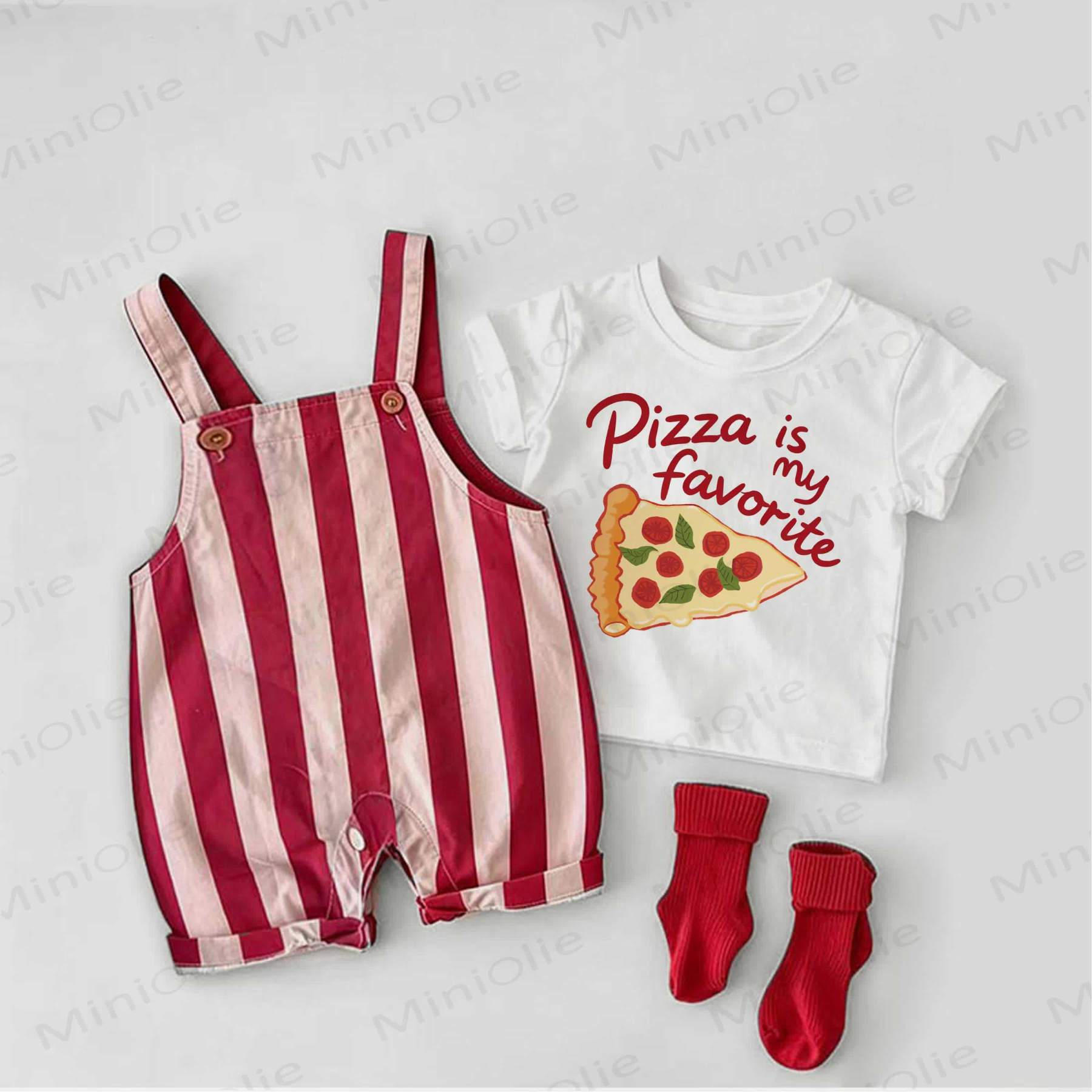 PIZZA IS MY FAVORITE Baby Pizza Print Red Stripe Overalls and White Tee 2-piece Set - White&Red - 2-3T - image 1