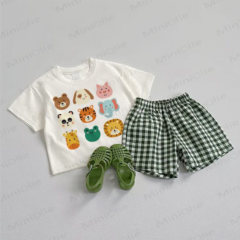 Baby Animal Print Tee and Plaid Shorts 2-Piece Set - White&Green - 3-5T - image 1