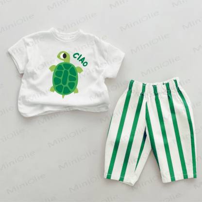 CIAO Baby Green Turtle Print Striped 2-piece Set - Green&White - 2-3T - image 1