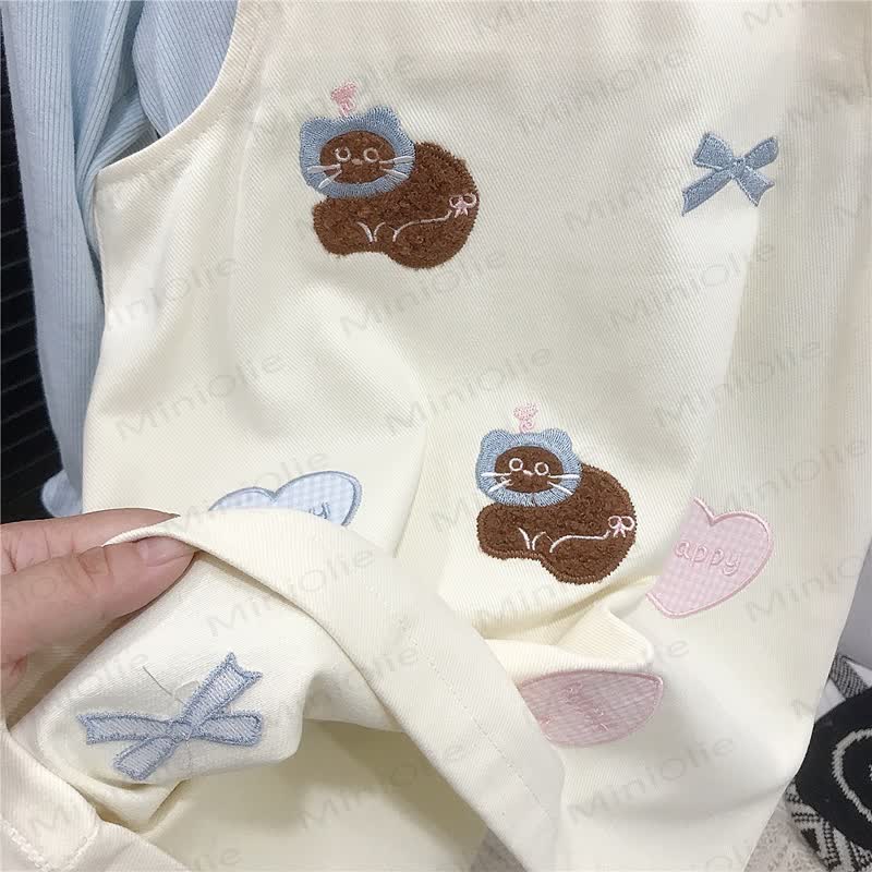 HAPPY Toddler Kid Girl Bow Plaid Love Cat Beige Dress & Blue Top - image 8