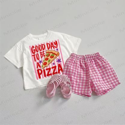 GOOD DAY TO BE A PIZZA Baby Tee and Plaid Shorts 2-Piece Set - White&Pink - 3-5T - image 1