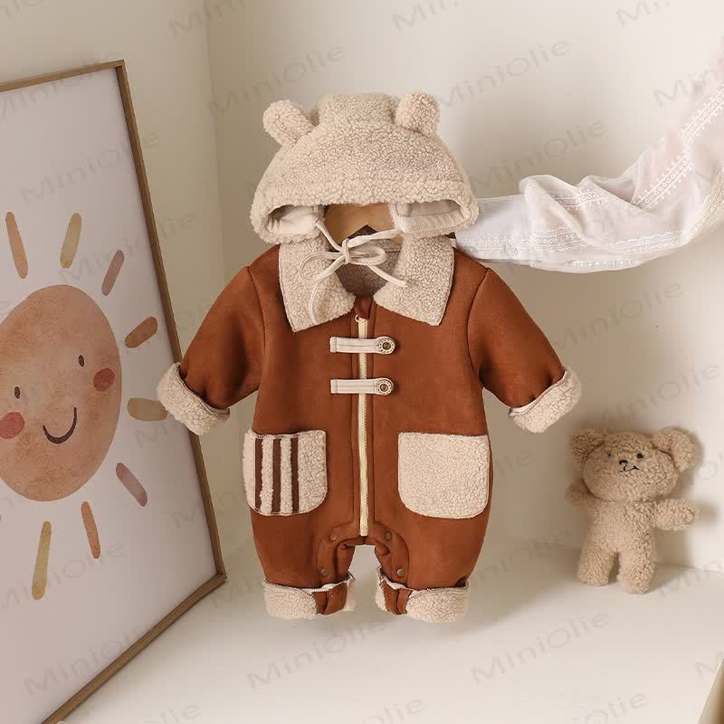 Baby Colorblock Bear Ear Hooded Plush Fleece Romper - Brown - 18-24M - image 5