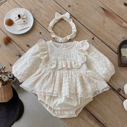 Baby Lace Skirted Beige Bodysuit with Headband - image 3