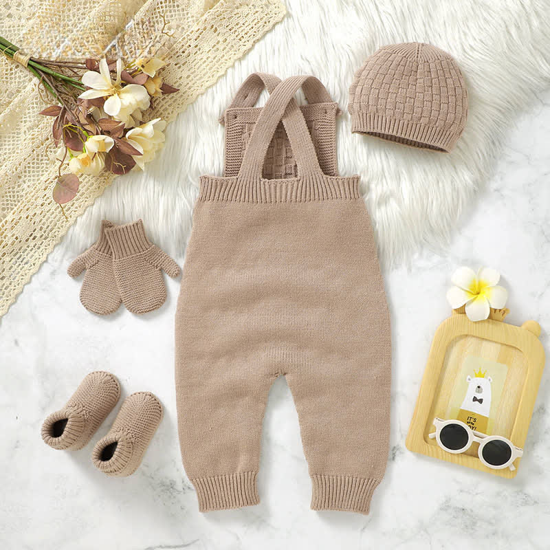 Baby Solid Color Knit Romper with Hat Socks Gloves - image 3