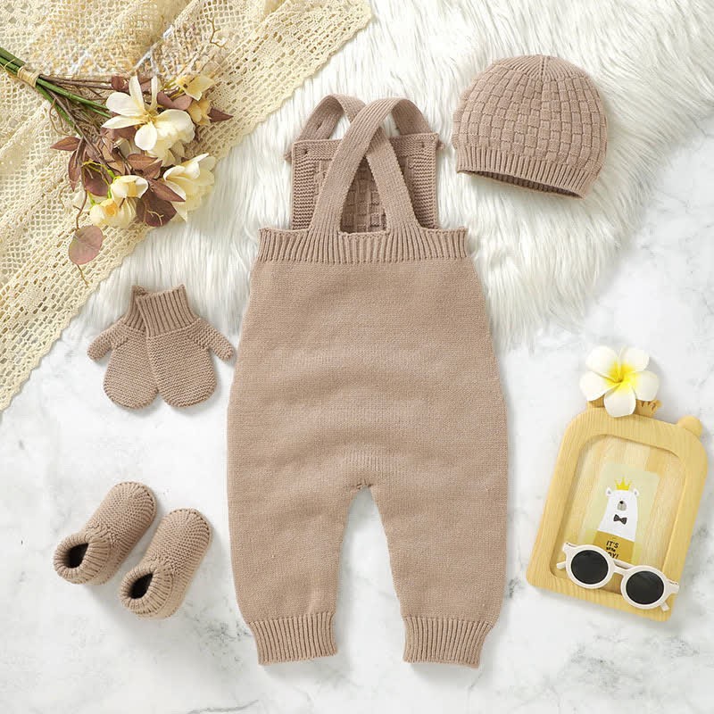 Baby Solid Color Knit Romper with Hat Socks Gloves - image 3