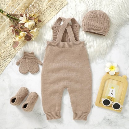 Baby Solid Color Knit Romper with Hat Socks Gloves - image 3