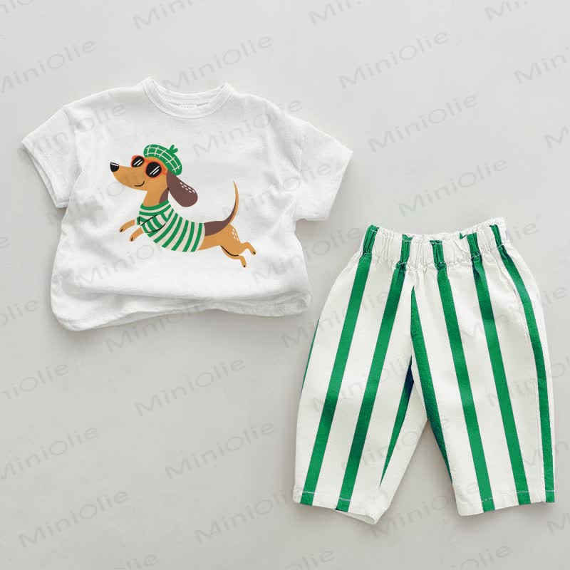 Baby Daschund Green Vertical Striped 2-piece Set - White&Green - 2-3T - image 1