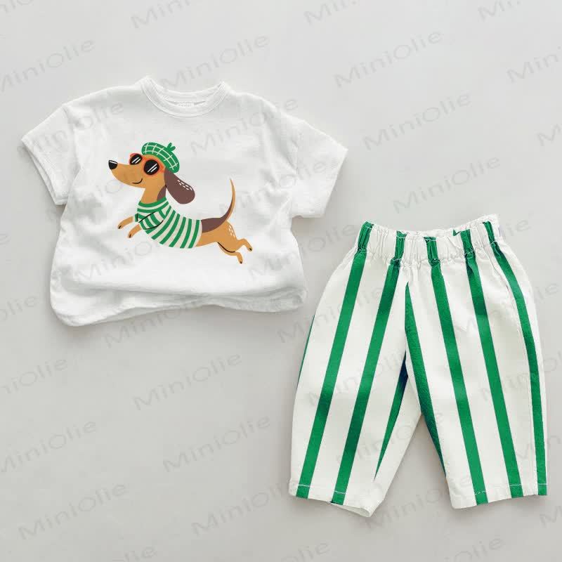 Baby Daschund Green Vertical Striped 2-piece Set - White&Green - 2-3T - image 1