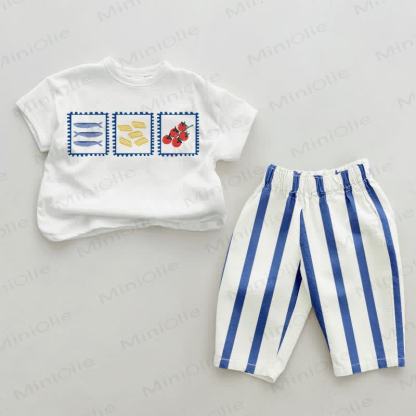Baby Fish Tomato Blue Vertical Striped 2-piece Set - White&Blue - 2-3T - image 1