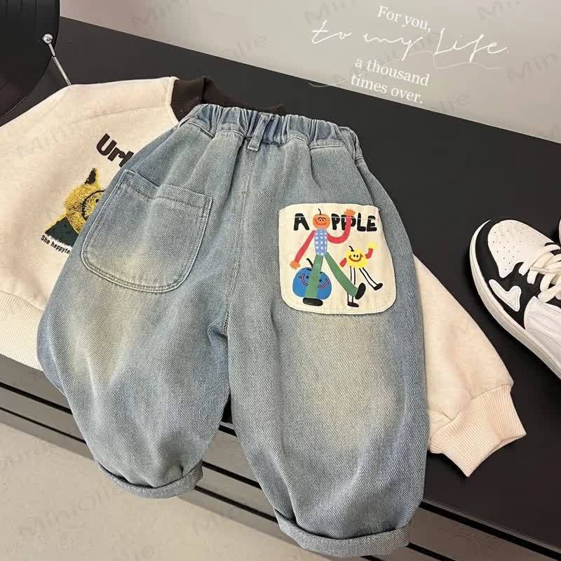 Kid Boy Cartoon Apple Print Jeans - image 3