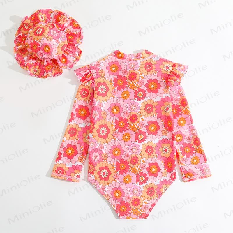 Baby Girl Floral One-piece Swimsuit with Hat - image 2