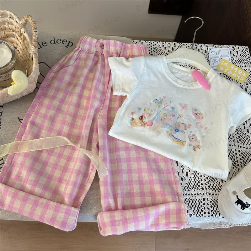 Toddler Cartoon Bear T-Shirt/Pink Plaid Pants - image 1