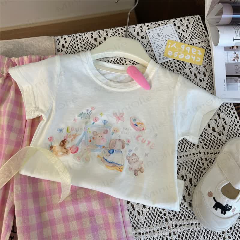 Toddler Cartoon Bear T-Shirt/Pink Plaid Pants - White T-Shirt - 8Y - image 3