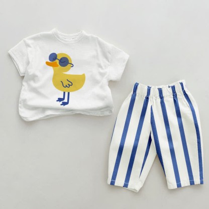 Baby Cool Duck Blue Vertical Striped 2-piece Set - White&Blue - 2-3T - image 1