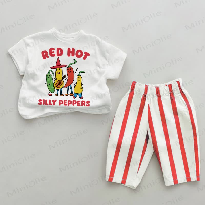 RED HOT SILLY PEPPERS Baby 2-Piece Striped Set - White&Red - 4-5T - image 1