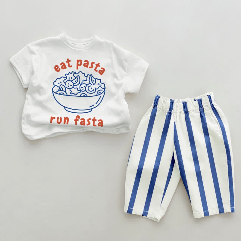EAT PASTA RUN FASTA Baby Blue Vertical Striped 2-piece Set - White&Blue - 2-3T - image 1