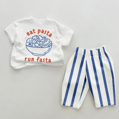 EAT PASTA RUN FASTA Baby Blue Vertical Striped 2-piece Set - White&Blue - 2-3T - image 1