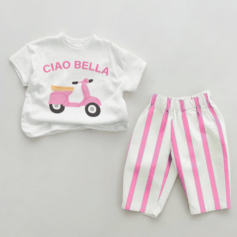 CIAO BELLA Baby Motorcycle Pink Vertical Striped 2-piece Set - White&Pink - 2-3T - image 1