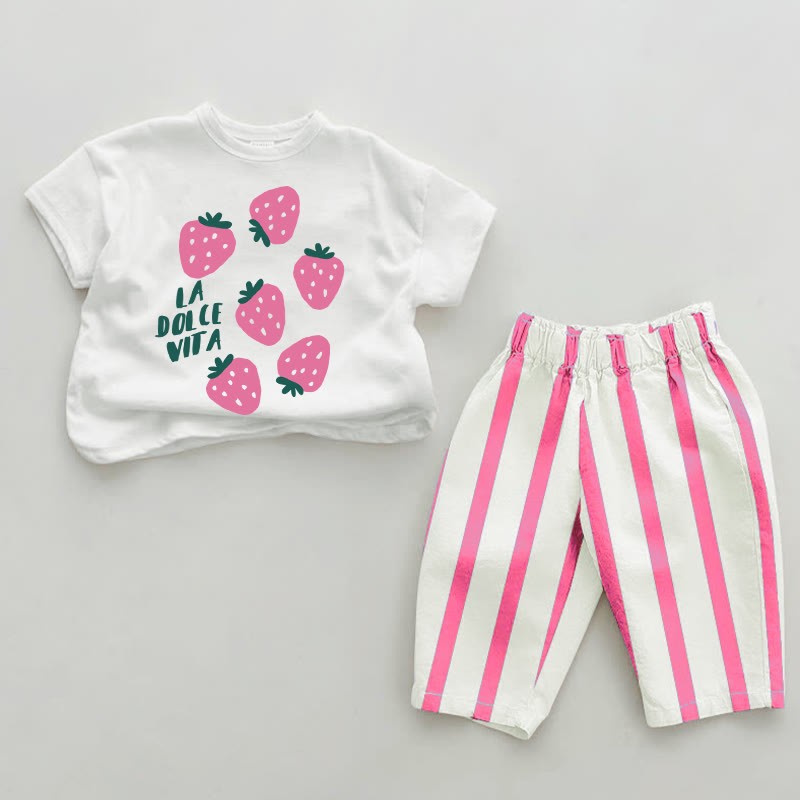 LA DOLCE VITA Baby Strawberry Pink Vertical Striped 2-piece Set - White&Pink - 2-3T - image 1