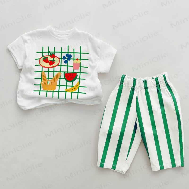 Baby Dessert Fruits Green Vertical Striped 2-piece Set - White&Green - 2-3T - image 1