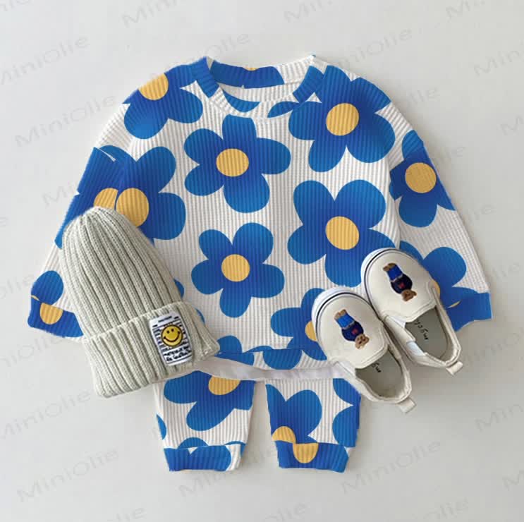 Baby Waffle Blue Flower 2-piece Set - White - 18-24M - image 1