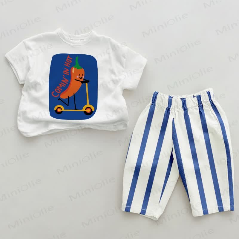 COMIN' IN HOT Baby Chili Vertical Striped 2-piece Set - White&Blue - 2-3T - image 1