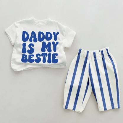 DADDY IS MY BESTIE Baby Blue Vertical Striped 2-piece Set - White&Blue - 2-3T - image 1