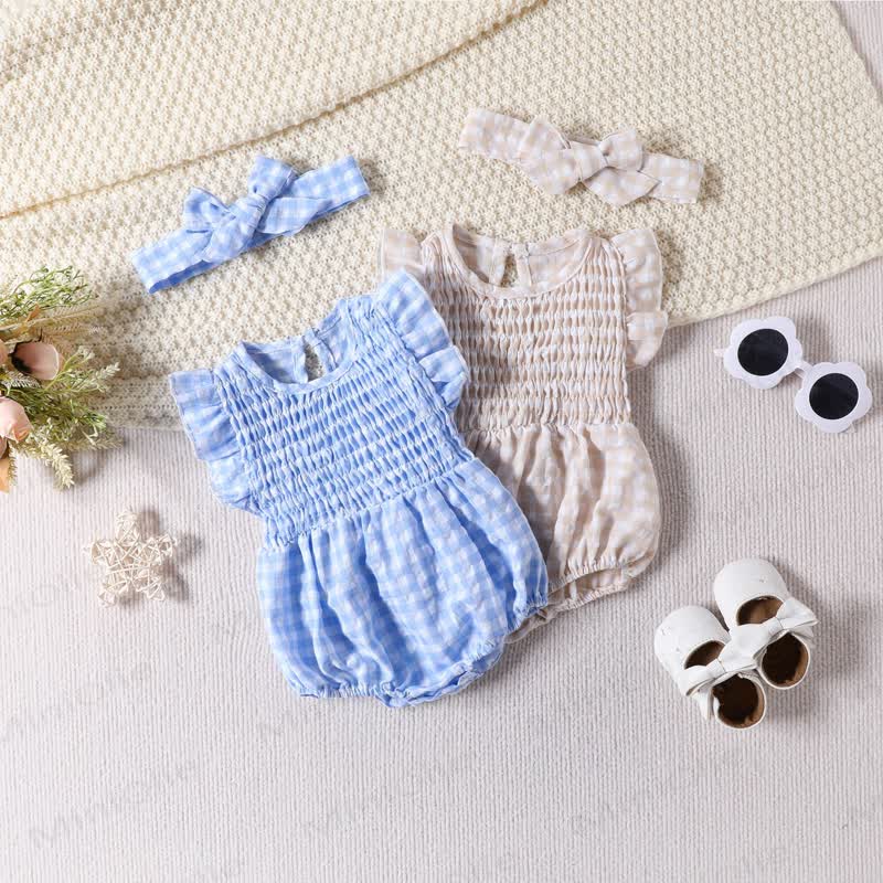 Baby Plaid Flutter Sleeves Bodysuit with Headband - image 1