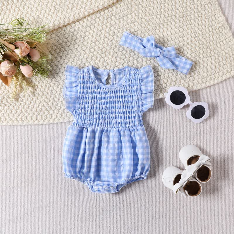 Baby Plaid Flutter Sleeves Bodysuit with Headband - Blue - 9-12M - image 2