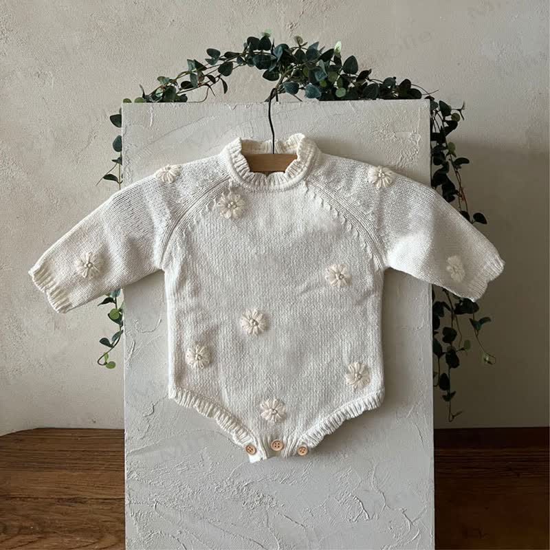 Baby Flower Embroidered Knit Bodysuit - Beige - 18-24M - image 1