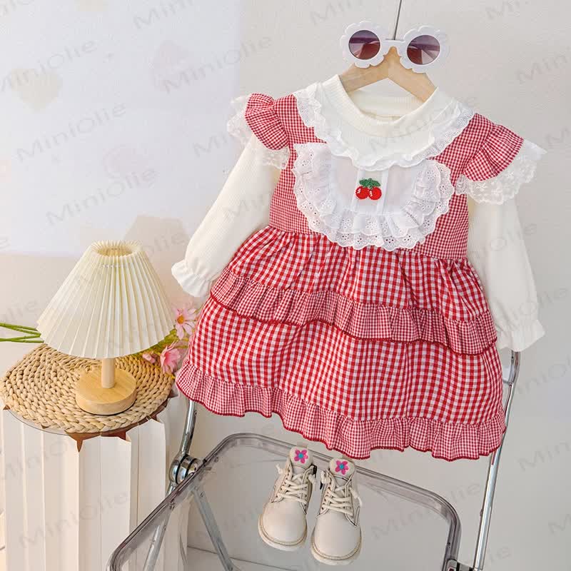 Baby Toddler Cherry Plaid Lace Dress - Red - 3-5T - image 1