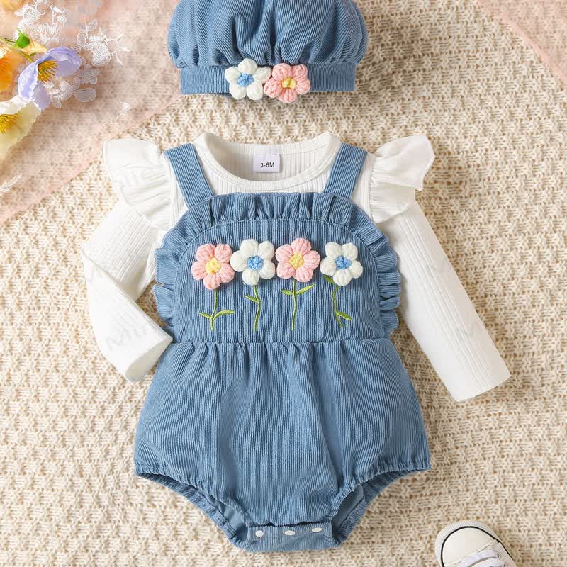 Baby Flower Corduroy Bodysuit with Hat - image 2