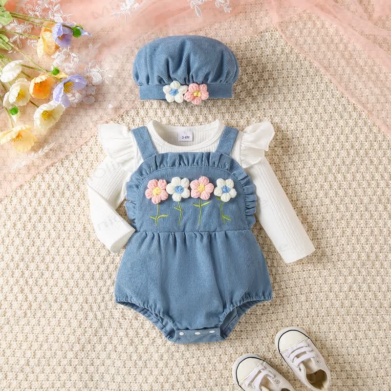 Baby Flower Corduroy Bodysuit with Hat - Blue - 12-18M - image 1